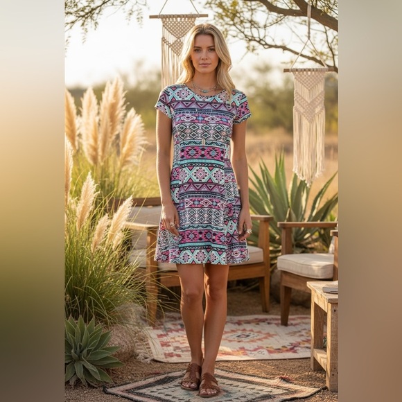Love Dresses & Skirts - Love Aztec short sleeve mini dress size Medium multicolored
